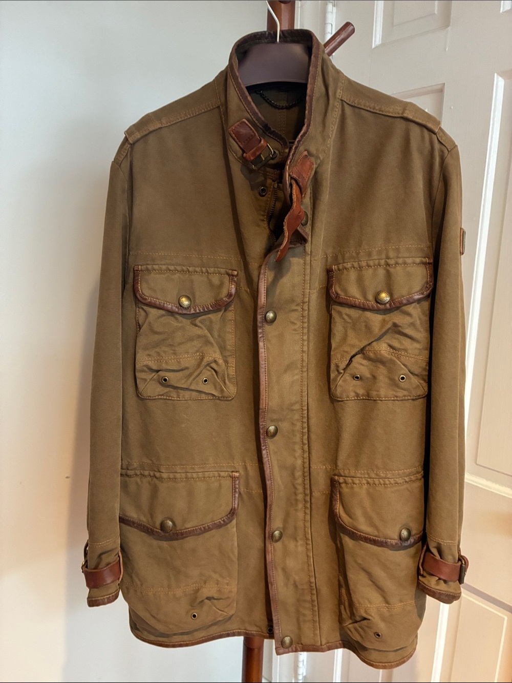 Belstaff Olive Brown Military Field Jacket with Leather Trim